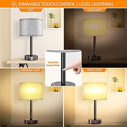 Modern bedside table lamp with digital alarm clock and wireless phone charger on a nightstand