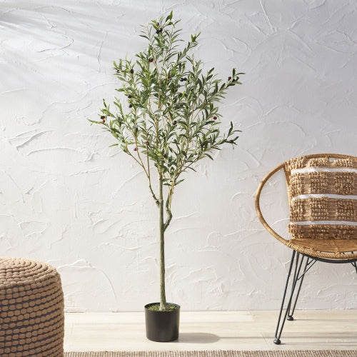 150 cm artificial olive tree in a decorative pot displayed in a modern living room