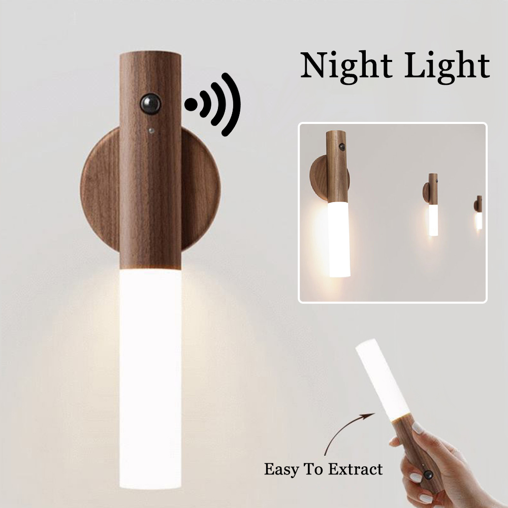 Rechargeable magnetic motion sensor LED night light installed beneath a kitchen cabinet