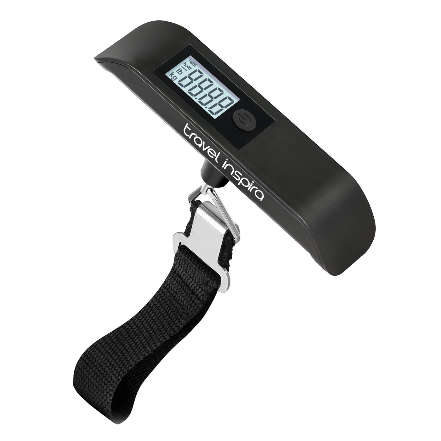 Travel Inspira digital luggage scale weighing a suitcase with a backlit LCD display