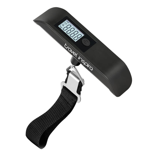 Travel Inspira digital luggage scale weighing a suitcase with a backlit LCD display