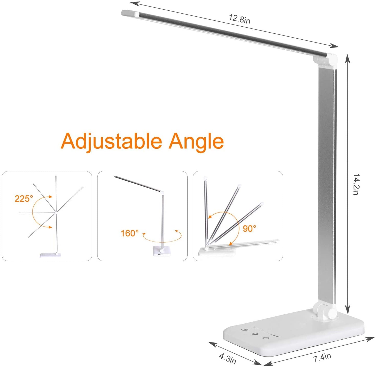 Modern LED desk lamp with wireless phone charger illuminating a minimalist office desk