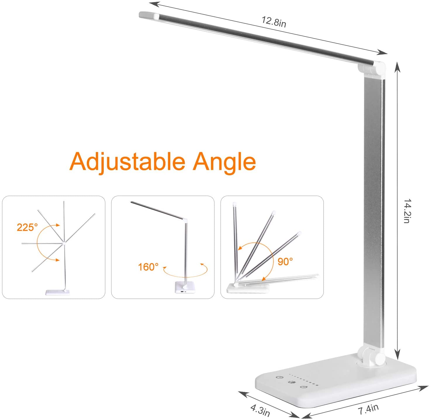 Modern LED desk lamp with wireless phone charger illuminating a minimalist office desk